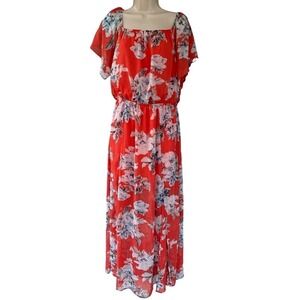 Sawyer Orange Tropical Floral Romantic Flutter Sleeve  Boho‎ Maxi Dress Large